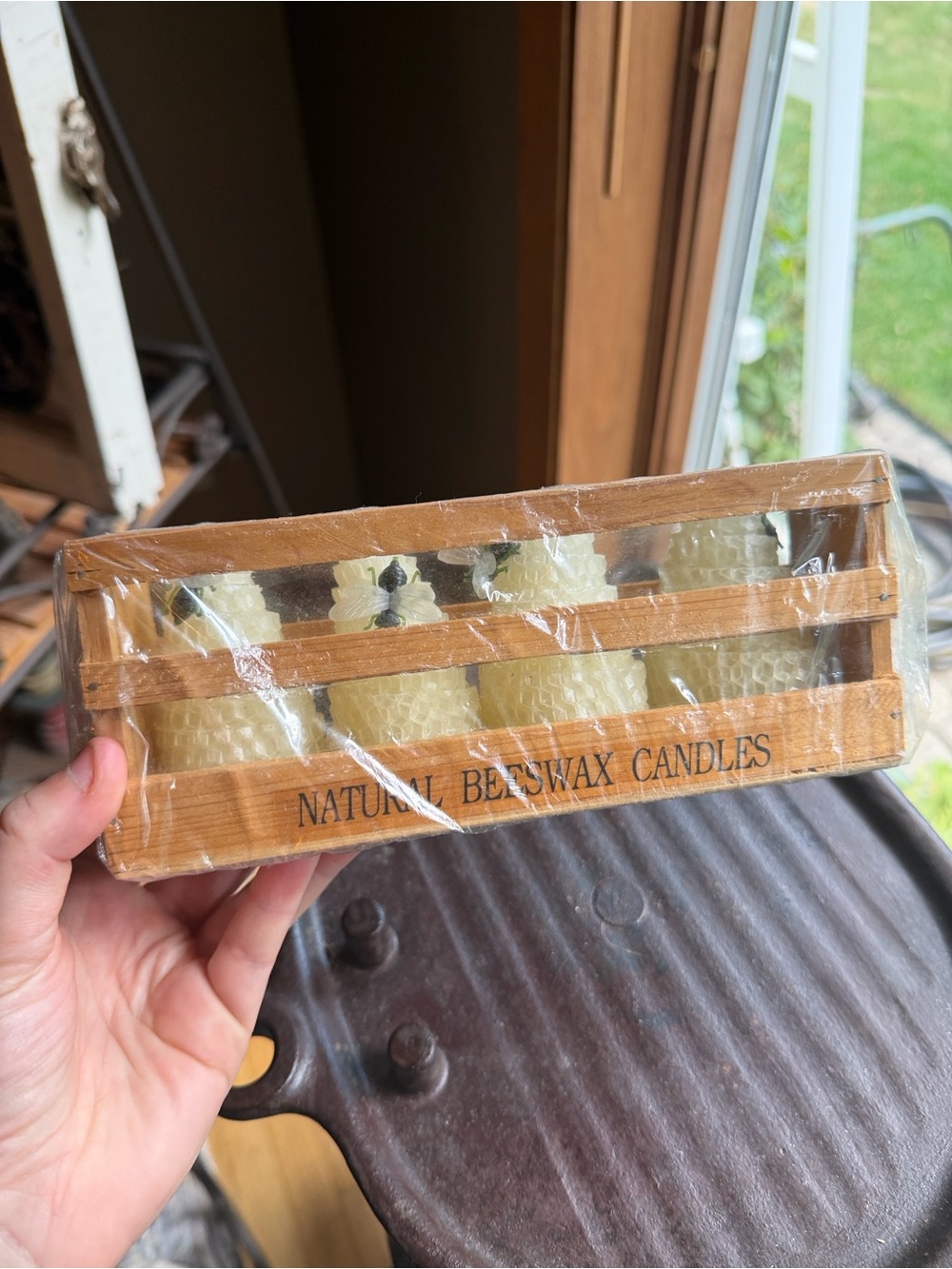 (4) Natural Beeswax Candles In Wood Crate With Bee 3"
